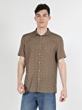 Regular Fit Desenli Bej Erkek Kısa Kol Gömlek