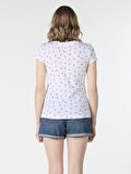 Slim Fit Bisiklet Yaka Baskılı Beyaz Kadın Kısa Kol Tişört