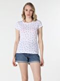 Slim Fit Bisiklet Yaka Baskılı Beyaz Kadın Kısa Kol Tişört