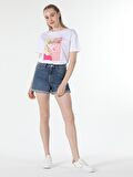 Comfort Fit Bisiklet Yaka Baskılı Beyaz Kadın Kısa Kol Tişört