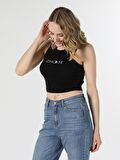 Slim Fit Yazı Baskılı Siyah Kadın Atlet
