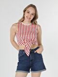 Regular Fit Çizgili Crop Kadın Kırmızı Atlet