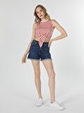 Regular Fit Çizgili Crop Kadın Kırmızı Atlet