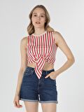Regular Fit Çizgili Crop Kadın Kırmızı Atlet