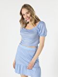 Slim Fit Derin Yuvarlak Yaka Puantiyeli Mavi Kadın Kısa Kol Tişört