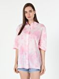 Relaxed Fit Desenli Kadın Pembe Kısa Kol Gömlek