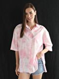 Relaxed Fit Desenli Kadın Pembe Kısa Kol Gömlek