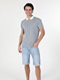 Regular Fit Polo Yaka Kareli Erkek Mavi Kısa Kol Tişört