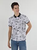 Regular Fit Polo Yaka Baskılı Erkek Beyaz Kısa Kol Tişört