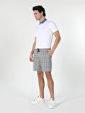 Regular Fit Orta Bel Ekoseli Erkek Mavi Şort