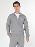 Slim Fit Fermuarlı Baskılı Gri Erkek Ceket
