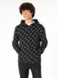 Regular Fit Baskılı Kapüşonlu Siyah Erkek Sweatshirt