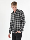 Slim Fit Kareli Siyah Erkek Uzun Kol Gömlek