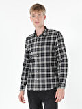 Slim Fit Kareli Siyah Erkek Uzun Kol Gömlek