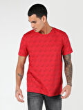 Regular Fit Bisiklet Yaka Baskılı Kırmızı Erkek Kısa Kol Tişört