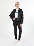 Regular Fit Normal Kesim Siyah Suni Deri Kadın Mont Pu