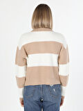 Regular Fit Polo Yaka Çizgili Ekru Kadın Kazak