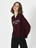 Regular Fit Hooded Kapüşonlu Baskılı Bordo Kadın Uzun Kol Tişört