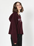 Regular Fit Hooded Kapüşonlu Baskılı Bordo Kadın Uzun Kol Tişört