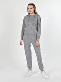 Regular Fit Hooded Kapüşonlu Gri Kadın Uzun Kol Tişört