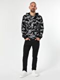 Regular Fit Baskılı Kapüşonlu Siyah Erkek Sweatshirt