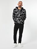 Regular Fit Baskılı Kapüşonlu Siyah Erkek Sweatshirt