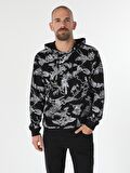 Regular Fit Baskılı Kapüşonlu Siyah Erkek Sweatshirt
