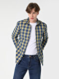 Slim Fit Kareli Mavi Erkek Uzun Kol Gömlek