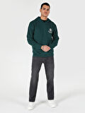 Regular Fit Baskılı Kapüşonlu Yeşil Erkek Sweatshirt
