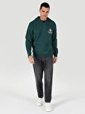 Regular Fit Baskılı Kapüşonlu Yeşil Erkek Sweatshirt