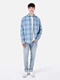 Regular Fit Shirt Yaka Kareli Mavi Erkek Uzun Kol Gömlek