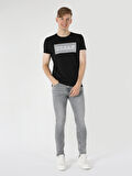Slim Fit Bisiklet Yaka Baskılı Siyah Erkek Kısa Kol Tişört