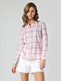 Slim Fit Çizgili Pembe Kadın Uzun Kol Gömlek