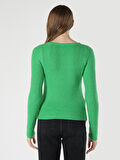 Regular Fit Açık Yaka Yeşil Kadın Triko Kazak
