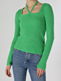 Regular Fit Açık Yaka Yeşil Kadın Triko Kazak