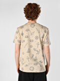 Regular Fit Bisiklet Yaka Baskılı Bej Erkek Kısa Kol Tişört