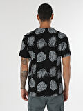 Regular Fit Bisiklet Yaka Baskılı Siyah Erkek Kısa Kol Tişört