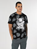 Regular Fit Bisiklet Yaka Baskılı Siyah Erkek Kısa Kol Tişört