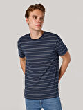 Regular Fit Bisiklet Yaka Çizgili Lacivert Erkek Kısa Kol Tişört