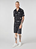 Regular Fit Baskılı Siyah Erkek Kısa Kol Gömlek