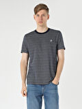 Regular Fit Bisiklet Yaka Çizgili Lacivert Erkek Kısa Kol Tişört