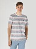 Regular Fit Bisiklet Yaka Çizgili Beyaz Erkek Kısa Kol Tişört