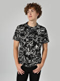 Regular Fit Bisiklet Yaka Baskılı Siyah Erkek Kısa Kol Tişört