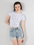 Slim Fit Baskılı Crop Beyaz Kadın Kısa Kol Tişört