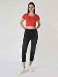 Slim Fit Baskılı Kırmızı Kadın Kısa Kol Tişört