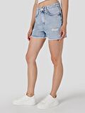 970 Berry Regular Fit Yüksek Bel Mavi Kadın Şort Cl1063535