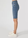Yüksek Bel Slim Straight Fit Düz Paça Mavi Kadın Şort Cl1063580