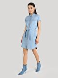 Regular Fit Kemerli Açık Mavi Kadın Jean Elbise Cl1063609