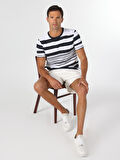 Regular Fit Çizgili Beyaz Erkek Kısa Kol Tişört