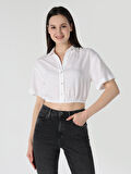 Regular Fit Shirt Neck Beyaz Kadın Kısa Kol Gömlek